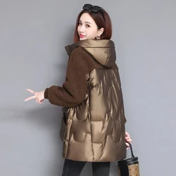 Winter Stitching Faux Lamb Wool Jacket Women's 4XL Fashion New Thicken Cotton Hooded Coat Mid-length Warm Female Parkas Outwear