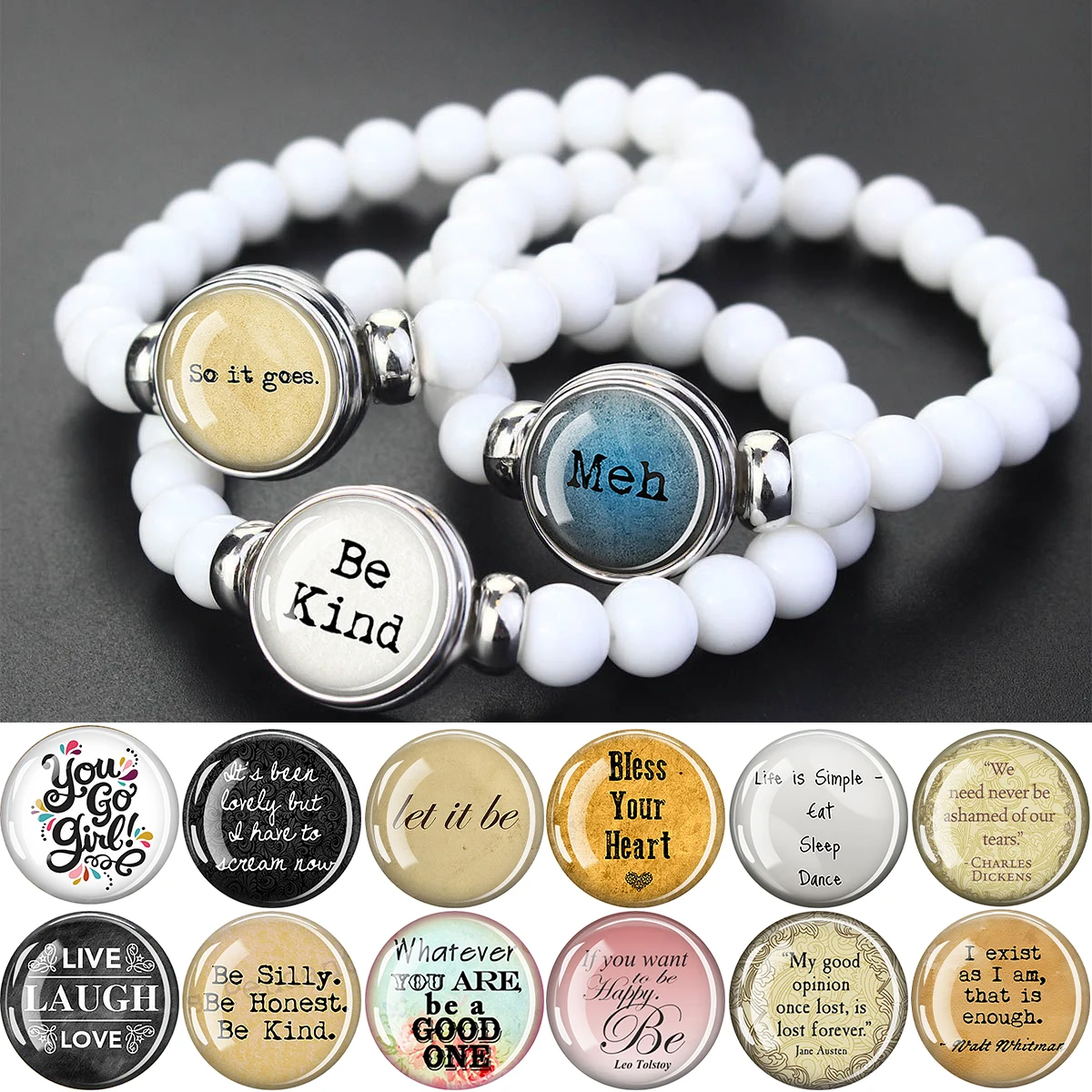 1PC Bracelet with Inspirational Quote Charms Be Kind Meh So It Goes Bless Your Heart Let It Be Live Laugh Love