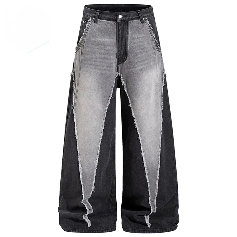 

Мужские винтажные джинсы свободного кроя с асимметричными вставками, широкие джинсовые брюки в стиле стритвир, Харадзюку, хип-хоп