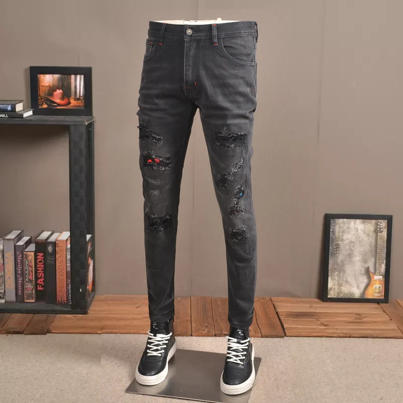 Street Fashion Men Jeans Black Stretch Skinny Fit Vintage Ripped Jeans Men Patched Designer Hip Hop Denim Pencil Pants Hombre