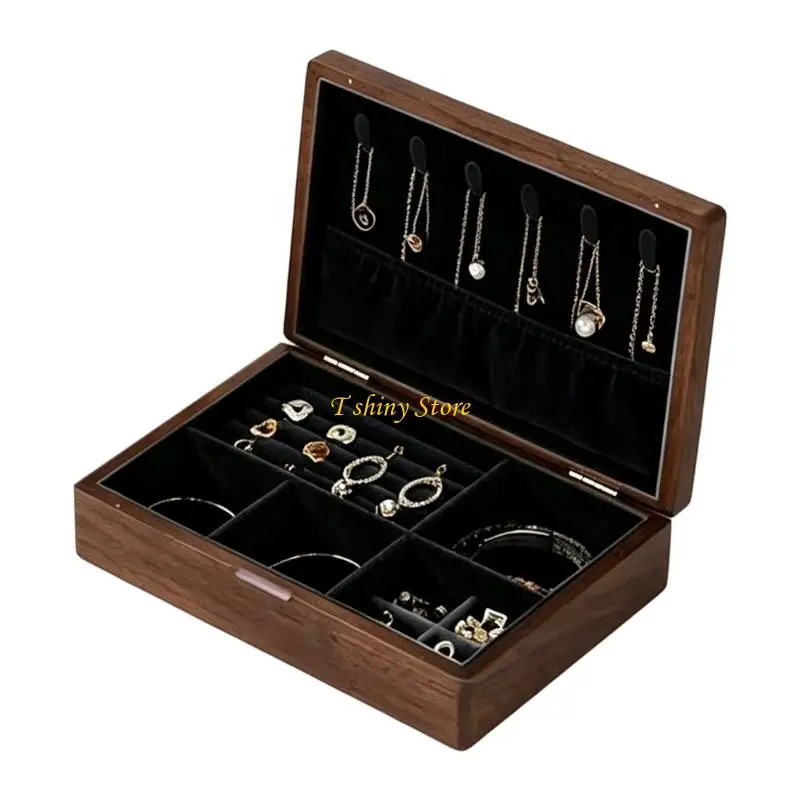 N58F Sectioned Jewelry Storage Case with Ring Rolls, Built-In Necklace Hanging Space, Hinged Lid, and Star-Pattern Artwork