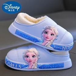 Chaussons en coton Disney Frozen pour filles, Elsa doux, chaussures en peluche pour enfants, chambre à coucher, antidérapant, plus chaud, intérieur, conservation de la chaleur, hiver