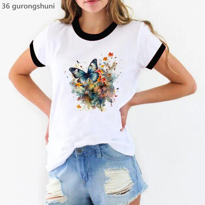 Women Tshirt Watercolor Butterfly Floral Flower Fashion Graphic Femme Top Short Sleeve Summer Shirt Print T-Shirt Female Tshirt