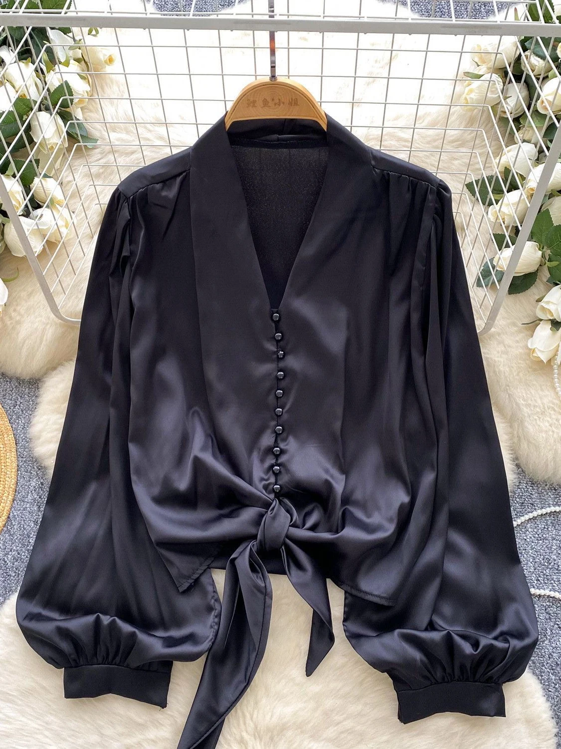 

Утягивающий V-Ne Lantern Sve irt Свободный крой Модный дизайн с поясом Повседневный женский полиэстер Long Sve irt