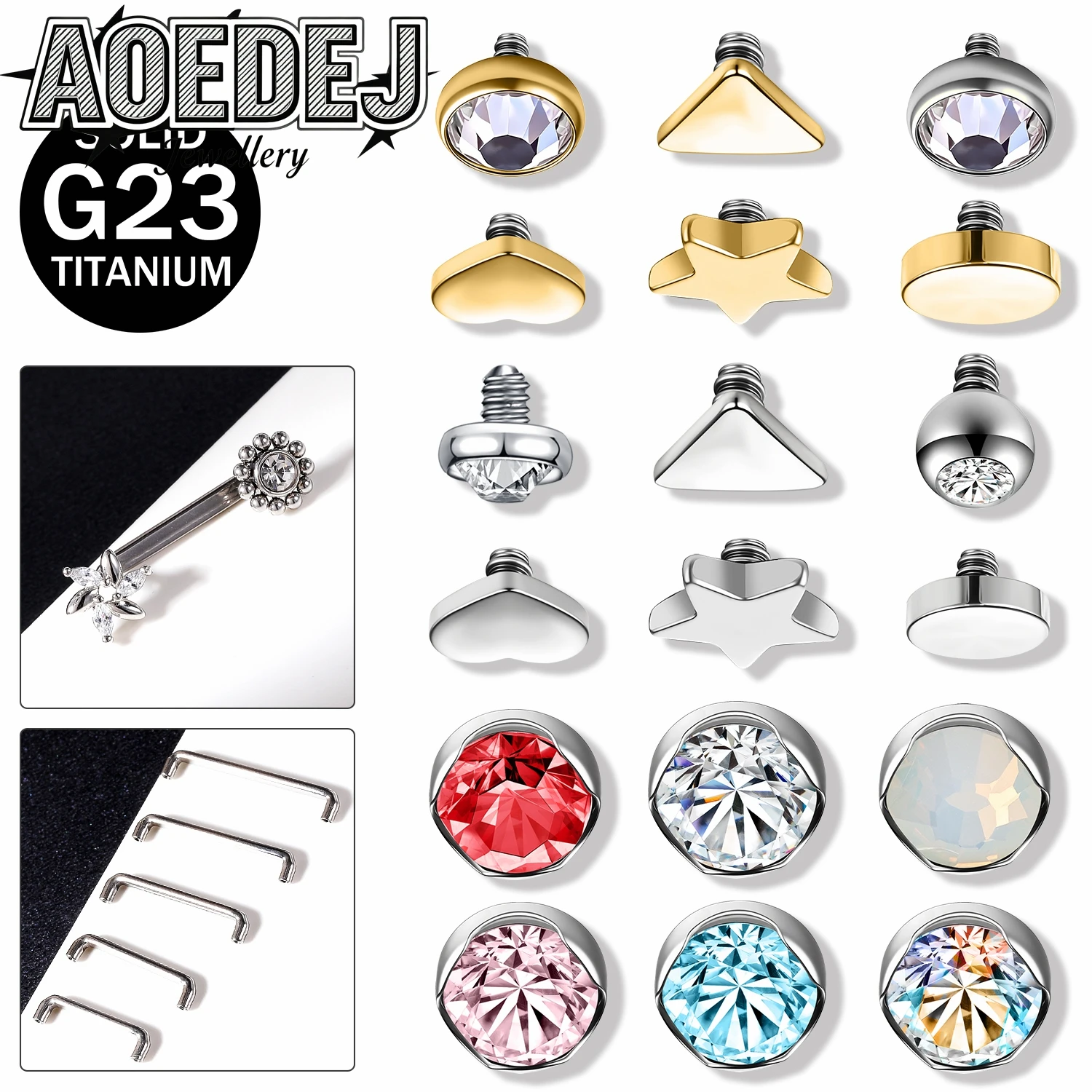 AOEDEJ 1 PC 14G/16G ASTM F136 Titanium Dermal Anchor Top Base CZ Crystal Micro Dermal Piercing Heart Skin Surface Body Piercings