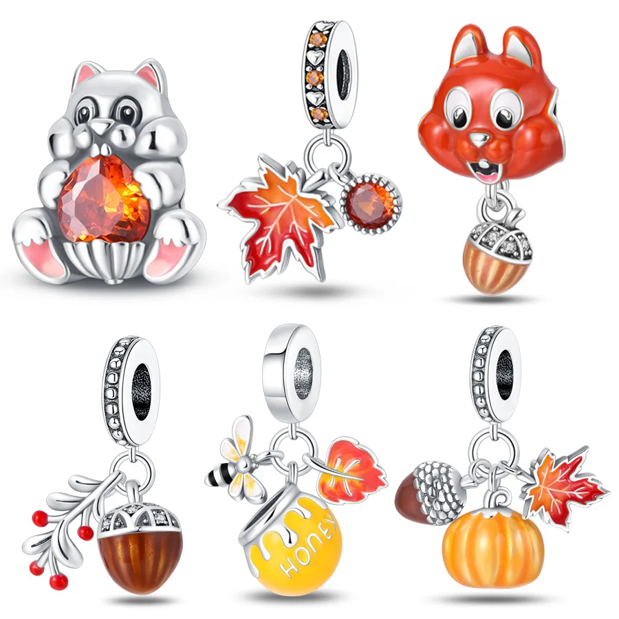 Original Charms Silver Plated Beads Fit Bracelets Bag Charms Diy Women Gift Accessory Squirrel Fox Acorn Maple Crystal Pendant