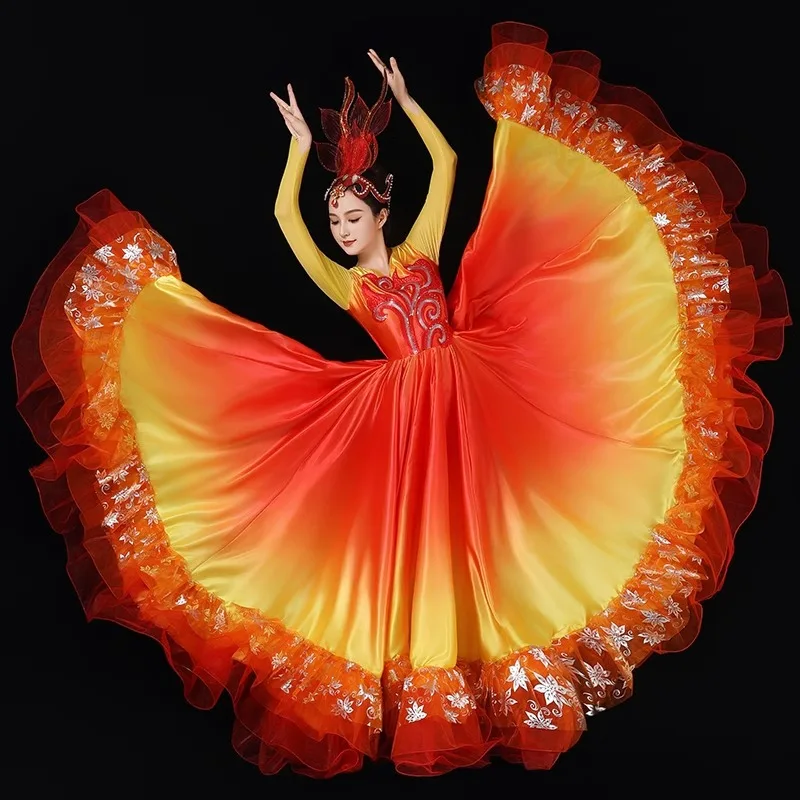 

Новый атмосферный танцевальный костюм для фламенко с пышной юбкой, градиентное платье для сценических выступлений и аккомпанемента