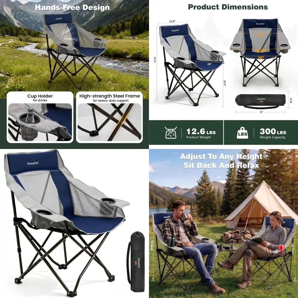 

Portable Oversized Folding Chairs with Side Pockets & Cup Holders, Ideal for Beach, Picnics, Lawn, and Outdoor Events, Carry Bag