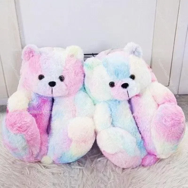 2024 cartoon bear cotton shoes warm cute teddy bear slippers oversized outer wear home shoes winter plush indoor