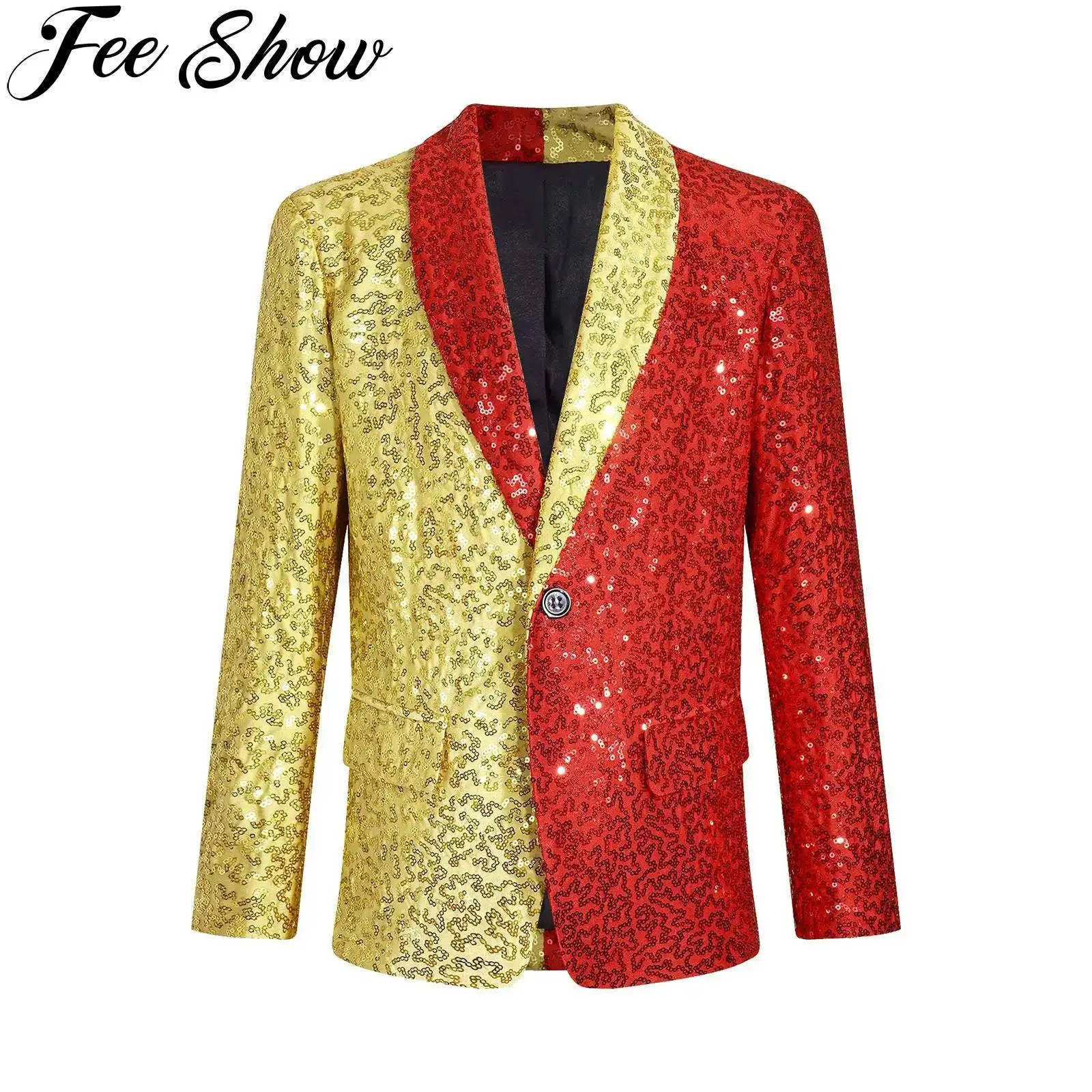 Kids Boys Sequins Contrast Blazer Jacket Lapel One-Button Long Sleeve Fully Lined Performance Outerwear Fancy Circus Costumes