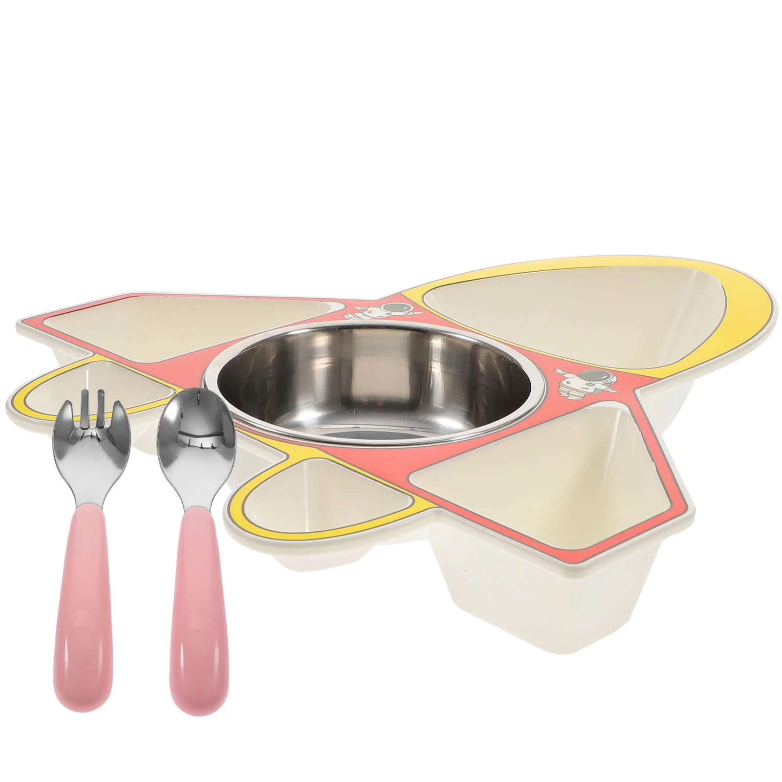 

1Set Divided Kids Dinner Plate Airplane Shape Spoon Fork Cartoon Style Toddler Food Plate Durable Safe Serving Bowl