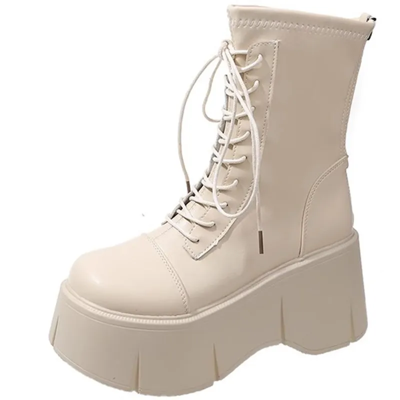 

Мотоциклетные ботинки на массивном каблуке 8 см, новые женские ботильоны из искусственной кожи на осень-зиму 2025 года, женские армейские ботинки на платформе с толстой подошвой