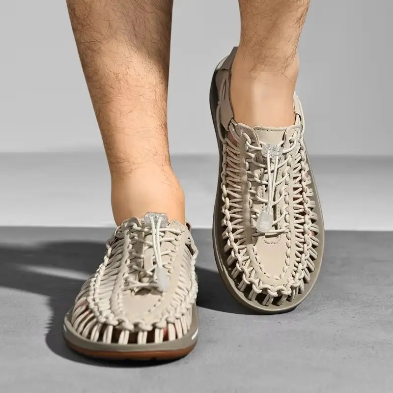 

Fashion Summer Men Sandals Handmade Weaving Design Beach Sandals Breathable Casual Flat Sandals Outdoor Couples Size