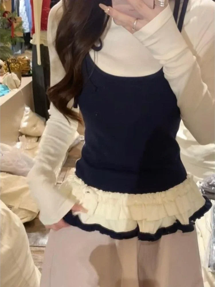 

Two Woman Tshirts Long Sleeve Tunic Tees Bandage Ruffles Fashion Camisetas 2025 Ropa Mujer Casual Fashion Sweet T Shirt