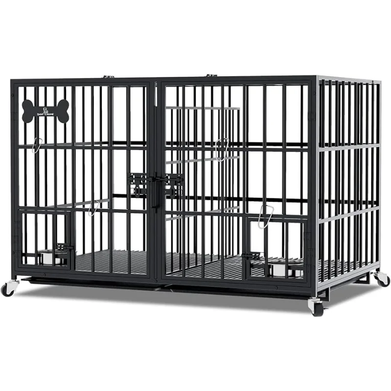 

42/48 inch Hea y Duty Metal Dog Crate for 2 Dogs/Large Dog,All Metal Open Top Stackable,Dog Kennel Indoor with Wheels,Floor Grid