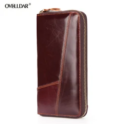 Men's Long Handbag Business Vintage Cow Leather Man Wallet Brand Long Wallet For Man And Woman Oil Wax Zipper Bag Male Purse