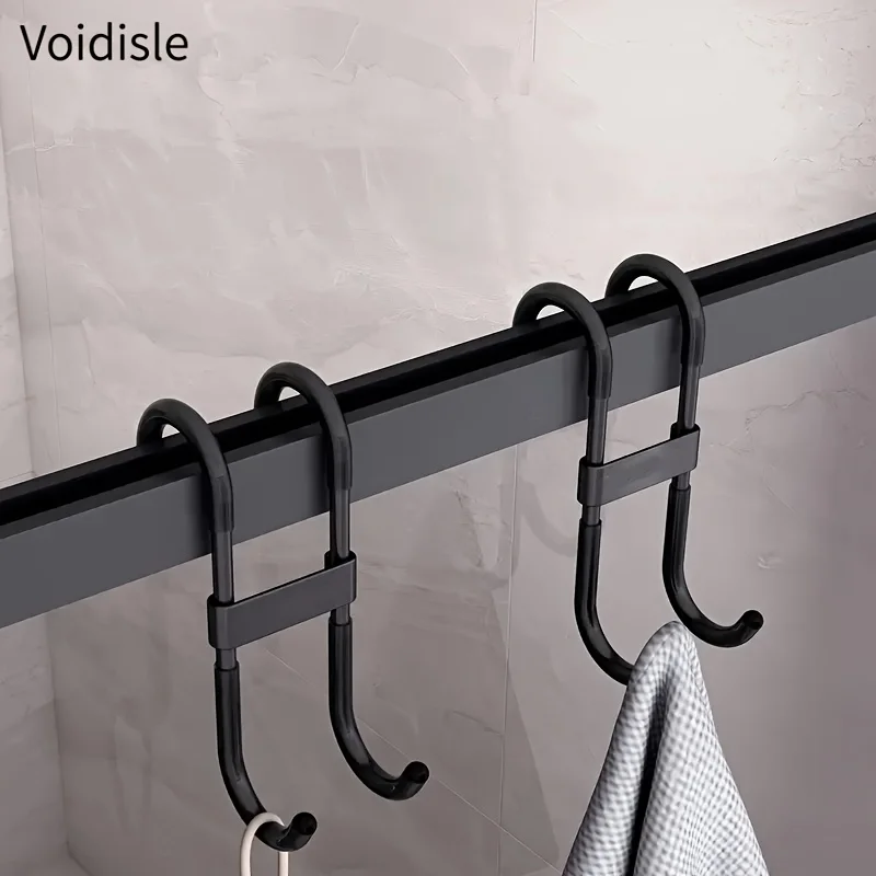 Double S J-Shaped Over Rod Hooks, No Drill Slide-On Towel Bar Hooks, Black Plastic Double Hook Organizer for Bathroom Shower Rail Kitchen Cabinet Rod Wholesale