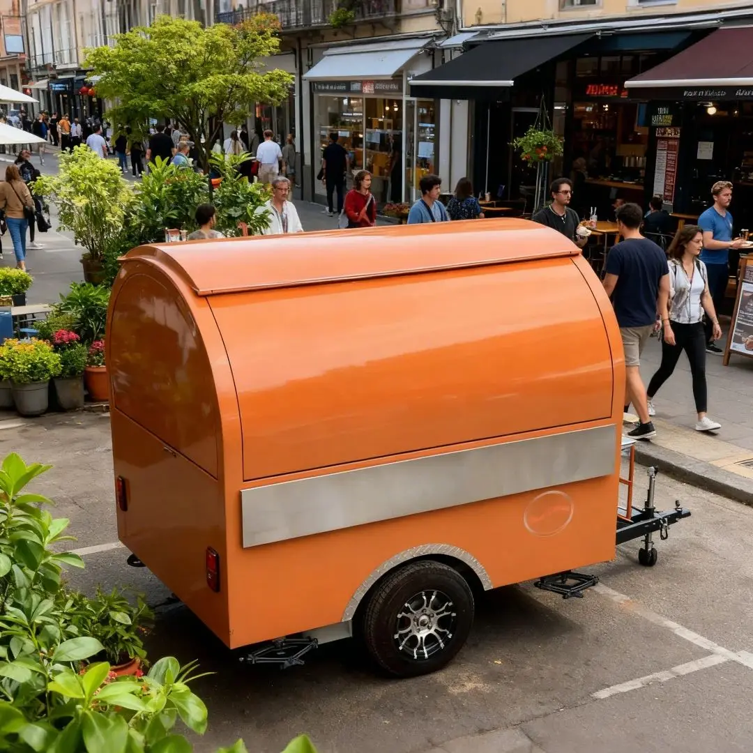 

Warm Orange Body And Sleek Silver Strips Outdoor Food Trailer Mobile On-Site Food Service Eye-Catching Design