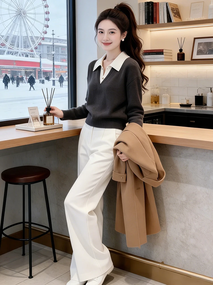 

Trendy Spliced Color Blo Long Sve Collar Knitted Sweater for Women Autumn Winter Thiened Breathable Casual Wear