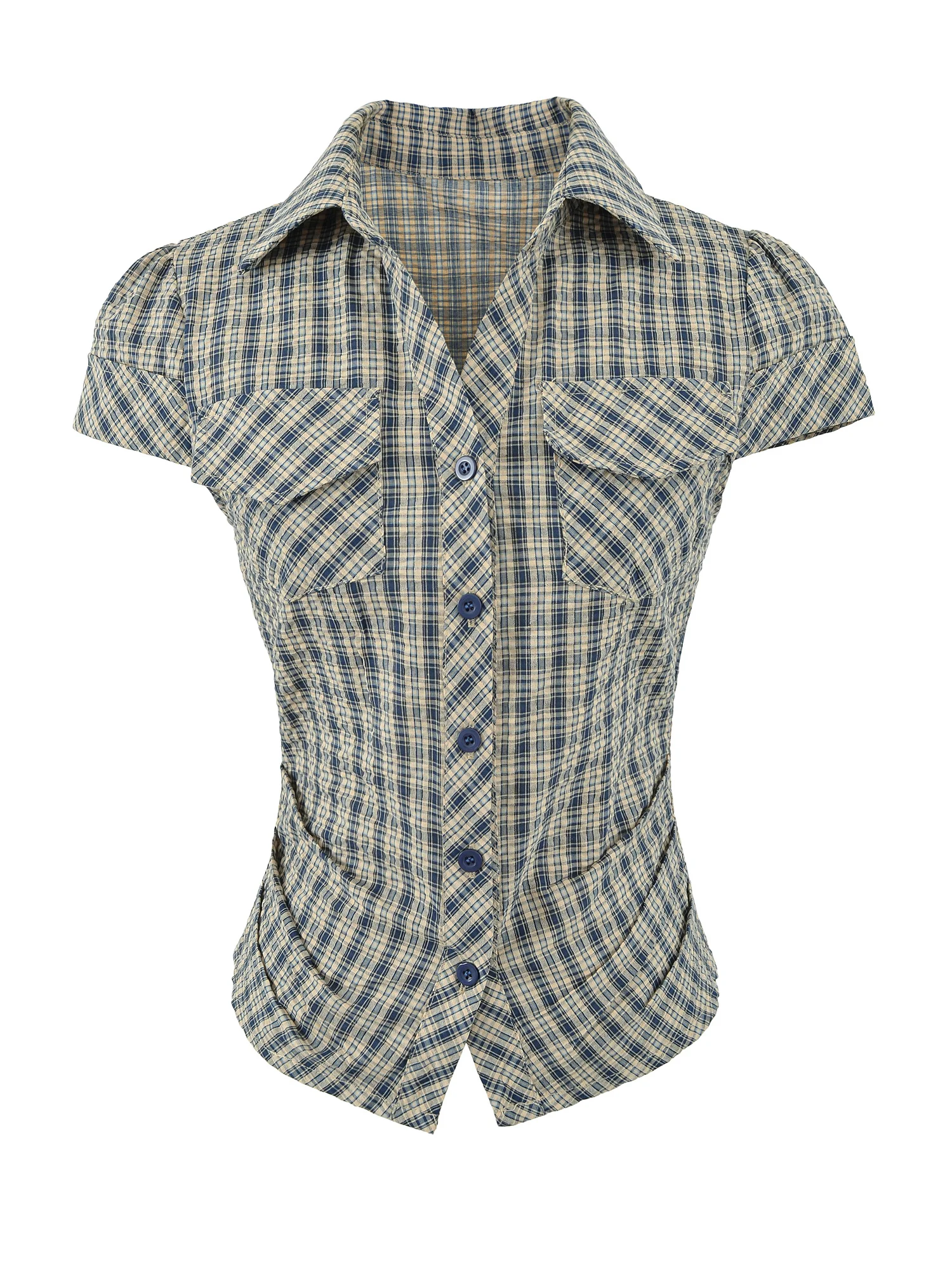 

American Style Slim Fit Plaid Short Sleeve Shirt Women's Waist Cinched Flip Collar Top Trendy Breathable Cotton Blend Fabric