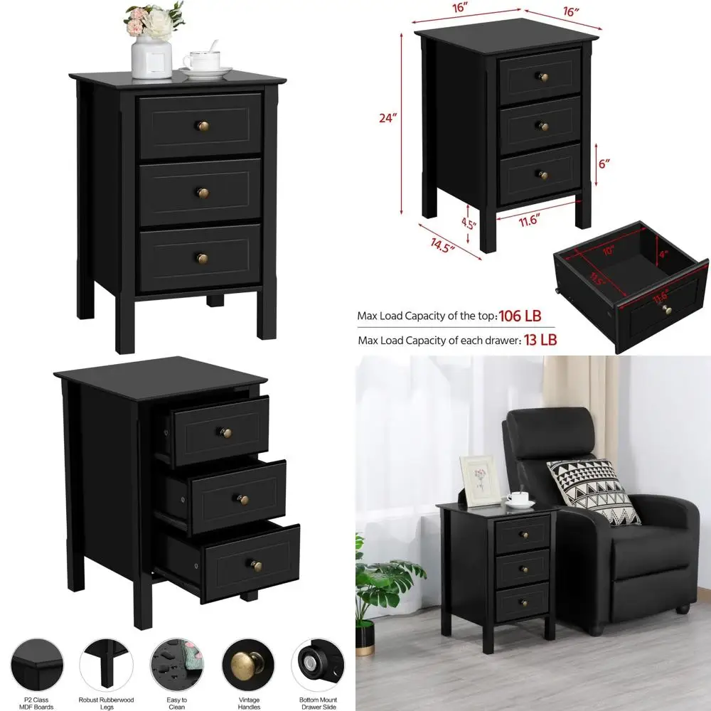 

3-drawer wooden nightstand - solid wood legs, storage organizer for bedroom