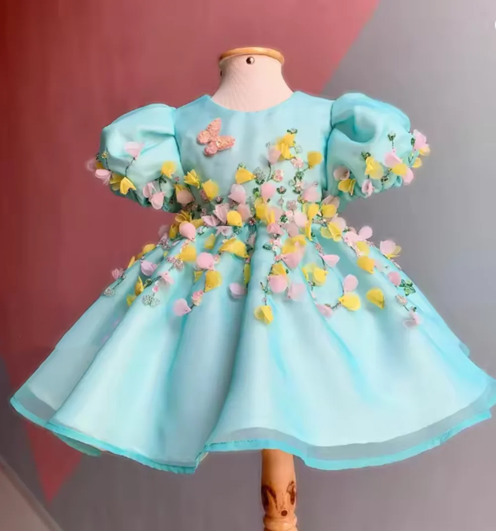 

Light Sky Blue Floral Flower Girls Dresses For Weddings Customized Beads Birthday Children Satin Dress Girl Pageant Party Gowns