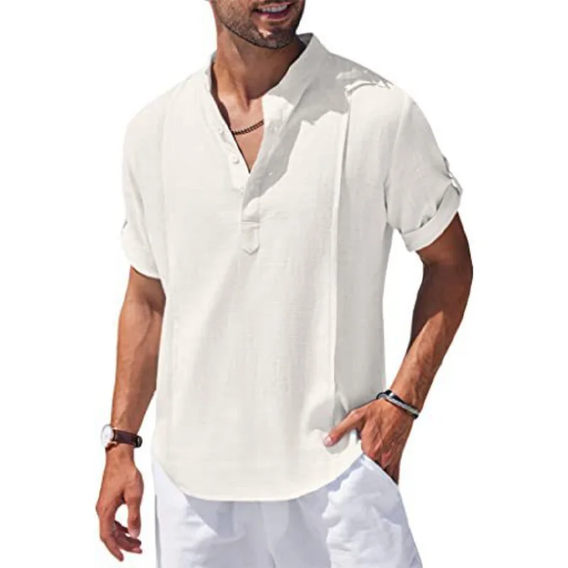 

New Men's Linen Henry Casual Beach Pullover Short Sleeve T-shirt Top