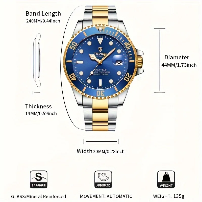 TEVISE New Men Mechanical Wristwatch Luxury Business Leisure Stainless Steel Watch Various Colors Diving Watch