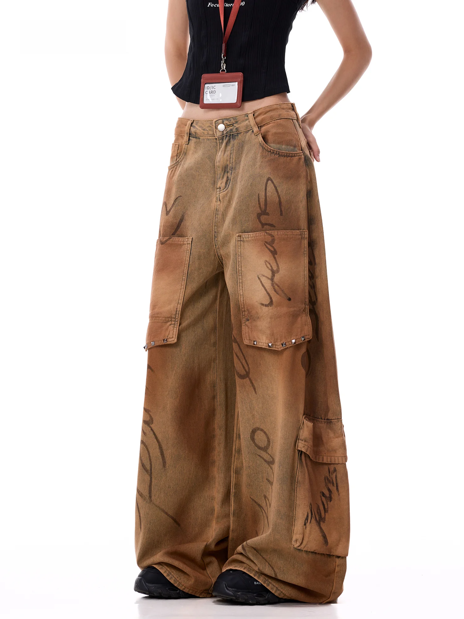 Women's Wide Leg Jeans Casual Style Rivet Design Autumn New Fashion Dungaree Look Comfortable Cotton Blend mid Waist Zipper Fly