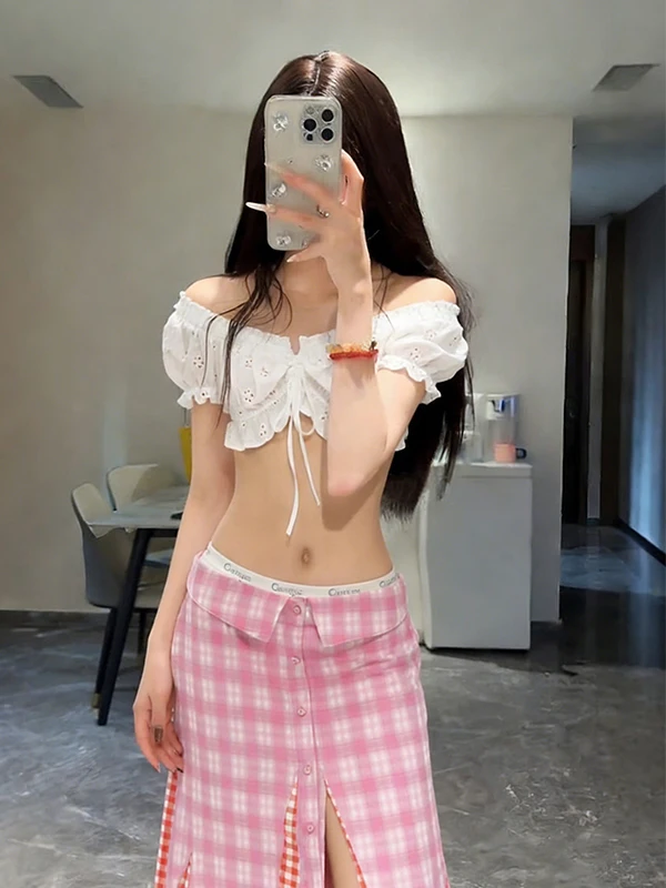 

Korean Sle One oulder Slim Fit Baseroot Hollow out Crop Top White under irt Women's Faion Spring Summer irt