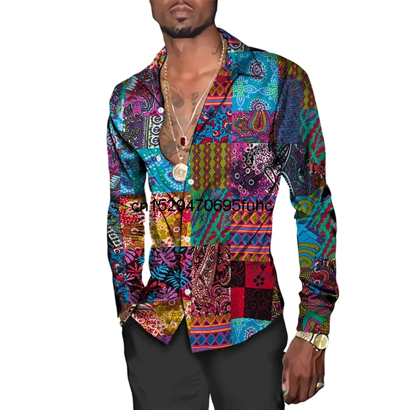 Fashion Paisley Floral Print Men's Shirts Vintage Style Lapel Button-Up Long Sleeve Tops Hip Hop Men/Women Casual Party Clubwear