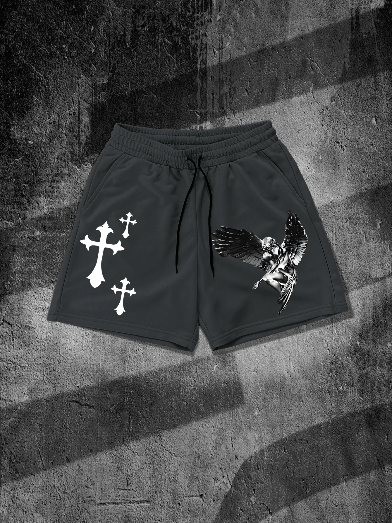 Men's Fallen Angel Gothic Cross Graphic Shorts Dark Grunge Streetwear Drawstring Quick Dry Summer Casual Sports Short Pants