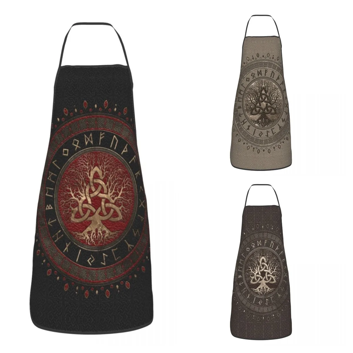 Tree Of Life With Triquetra Black Red Leather And Gold Apron Kitchen Chef Cooking Baking Men Women Viking Tablier Cuisine