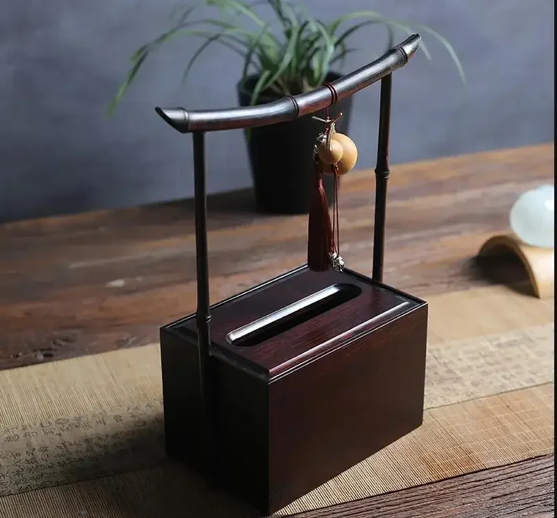 

Purple Bamboo Handle Tissue Box Handmade Wood Storage Napkin Holder Desktop Decorative Ornaments Gourd Pendant