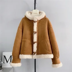 Real Wool Fur Hooded Jackets Women Winter New Horn Button Fashion Design Thick Warm Short Coats Trend Motorcyle Style Overcoats