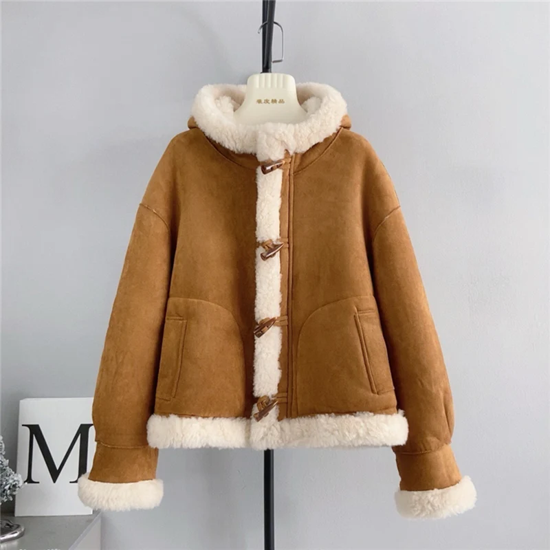 Real Wool Fur Hooded Jackets Women Winter New Horn Button Fashion Design Thick Warm Short Coats Trend Motorcyle Style Overcoats