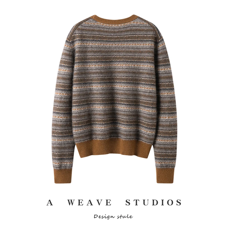 2026 Autumn/Winter New Round Neck Cashmere Sweater for Women, Loose Color blocked Striped Thick Knitted Cashmere Sweater