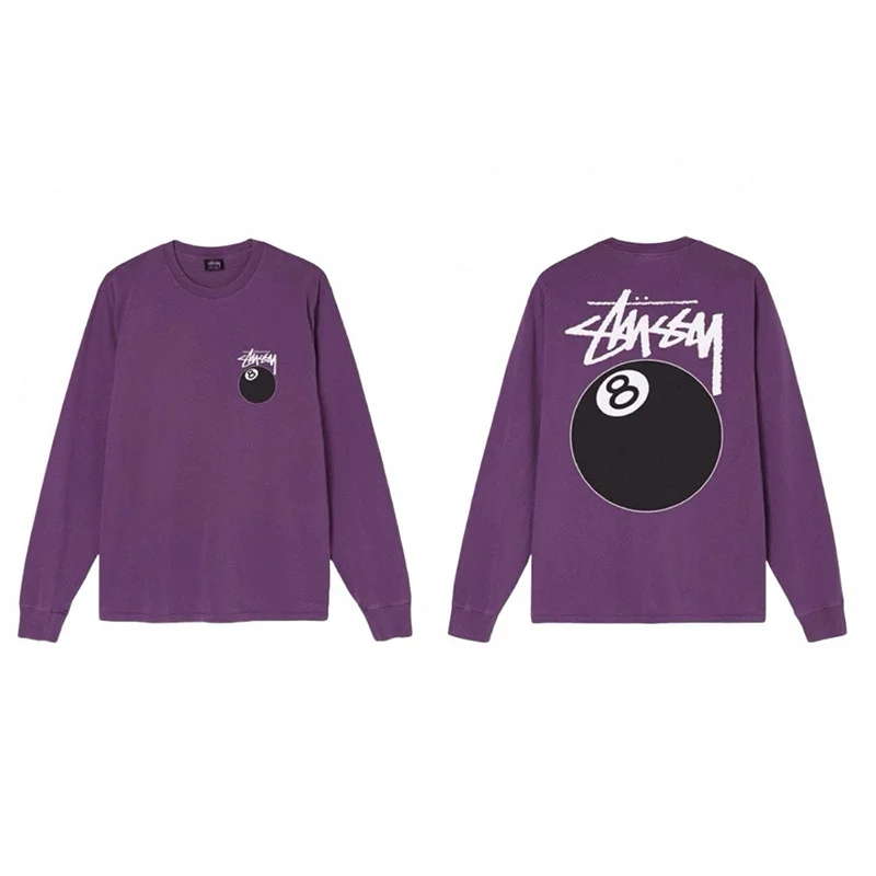 الربيع والخريف STUSSY 8 النمط الأمريكي الموضة الكلاسيكية بسيطة فضفاضة طويلة الأكمام القطن تي شيرت رجل أسود ثمانية تيز