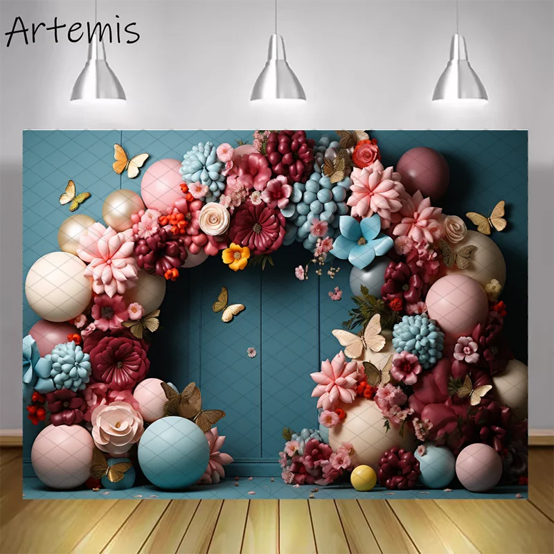 Arch Floral Photography Backdrops Newborn Baby 1st Birthday Cake Smash Decoration Background Blue Classic Wall Wedding Photocall