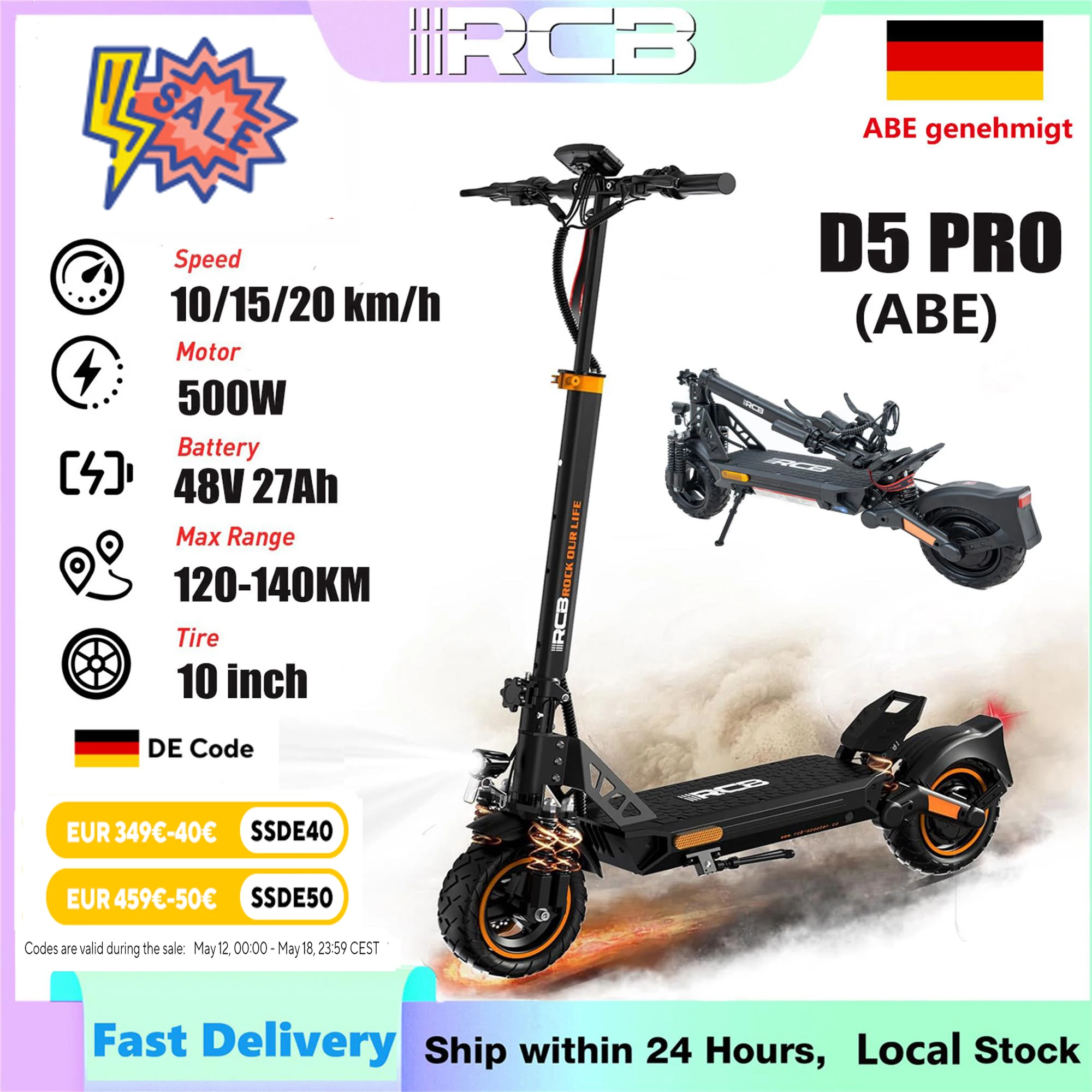 Rcb d5 pro/d5 (abe) Elektro roller, 48V 27/20,8 Ah Batterie, 500W Motor, 10 Zoll flache Reifen,