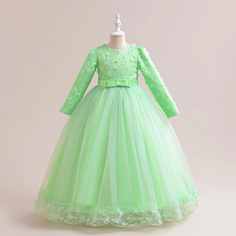 

New Style Big Kids Formal Dress Princess Dress Long Sleeve Applique Mesh Puffy Evening Dress Children's Performance Dress for Ch