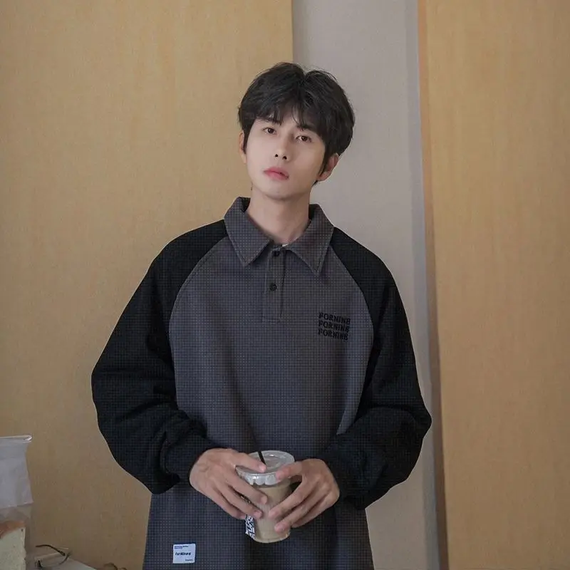 Men Heavyweight Waffle Raglan Polo Shirt Spring Fall American Style Color Block Loose Long Sleeve Tee Sweatshirt
