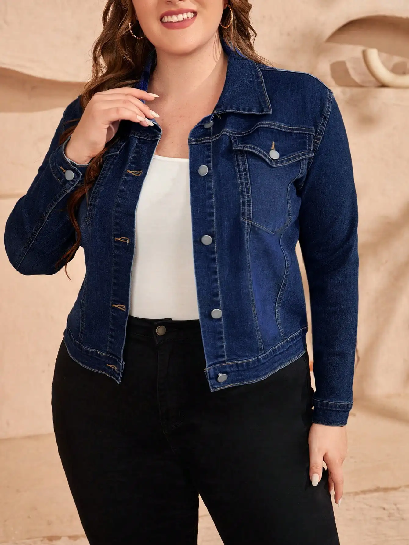 

Women's Classic Button-Front Long Sleeve Denim Jacket with Chest Pockets
