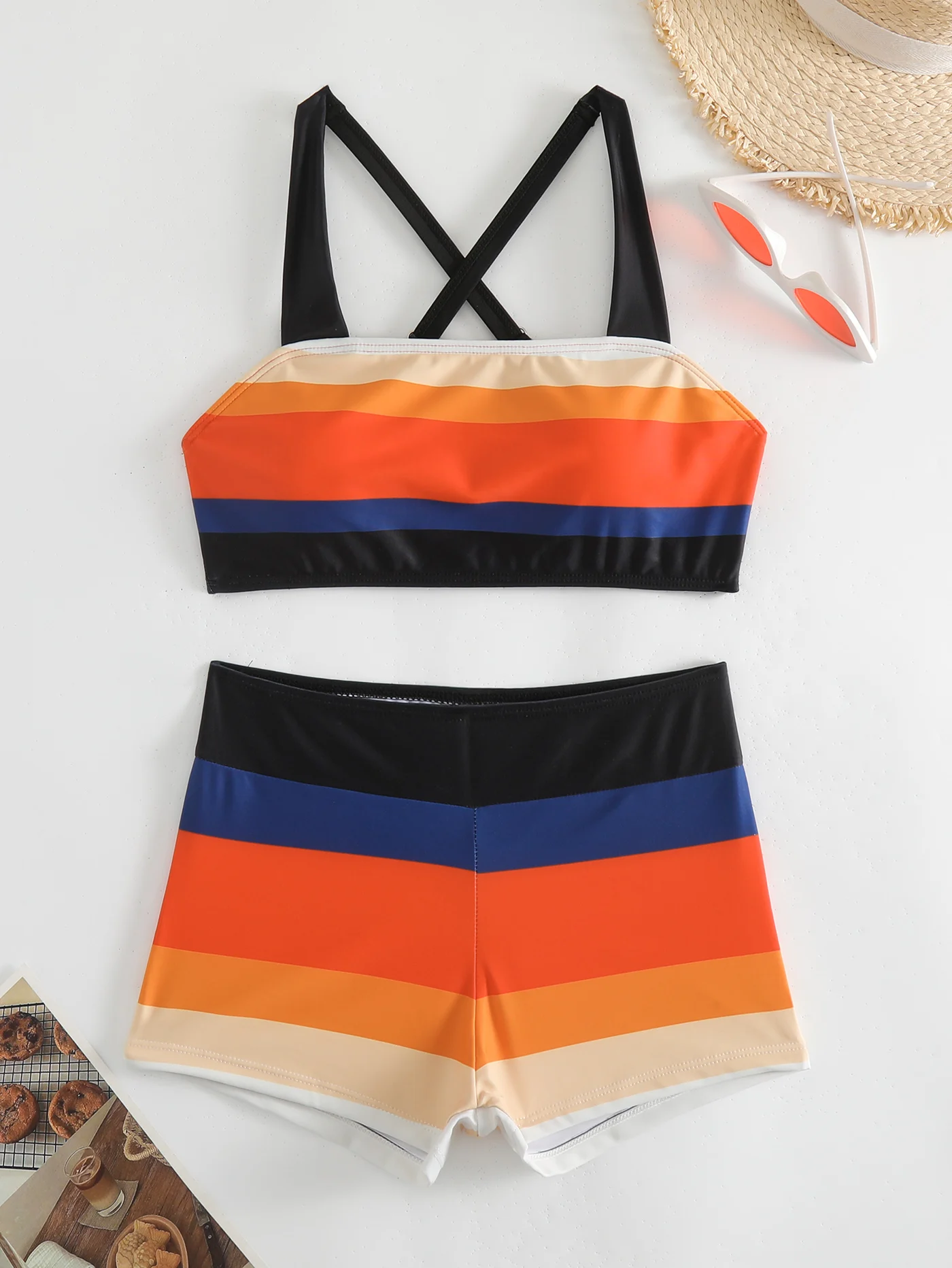 

Женский комплект танкини для летних каникул — эластичный купальник с круглым вырезом и случайным принтом, трикотажная ткань, тропическое бикини из двух частей