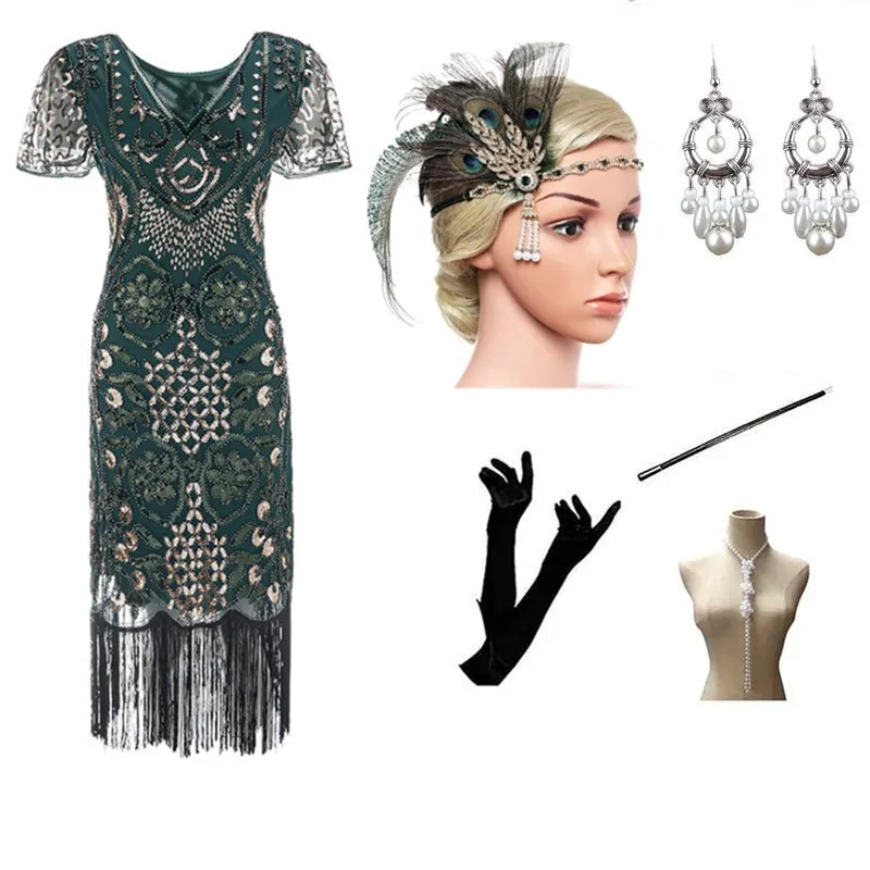 

Cocktail Party Dress And Accessories Set 1920s Flapper Vintage Embroidery Tassel Dress Great Gatsby Charleston Dance Dress