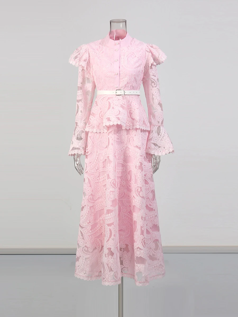 TWOTWINSTYLE Wyszczuplające Sukienki z Nadrukiem, Przezroczystymi Wstawkami i Falbankami dla Kobiet, Stójka, Długie Rękawy, Wysoki Stan, Elegancka Sukienka Damska