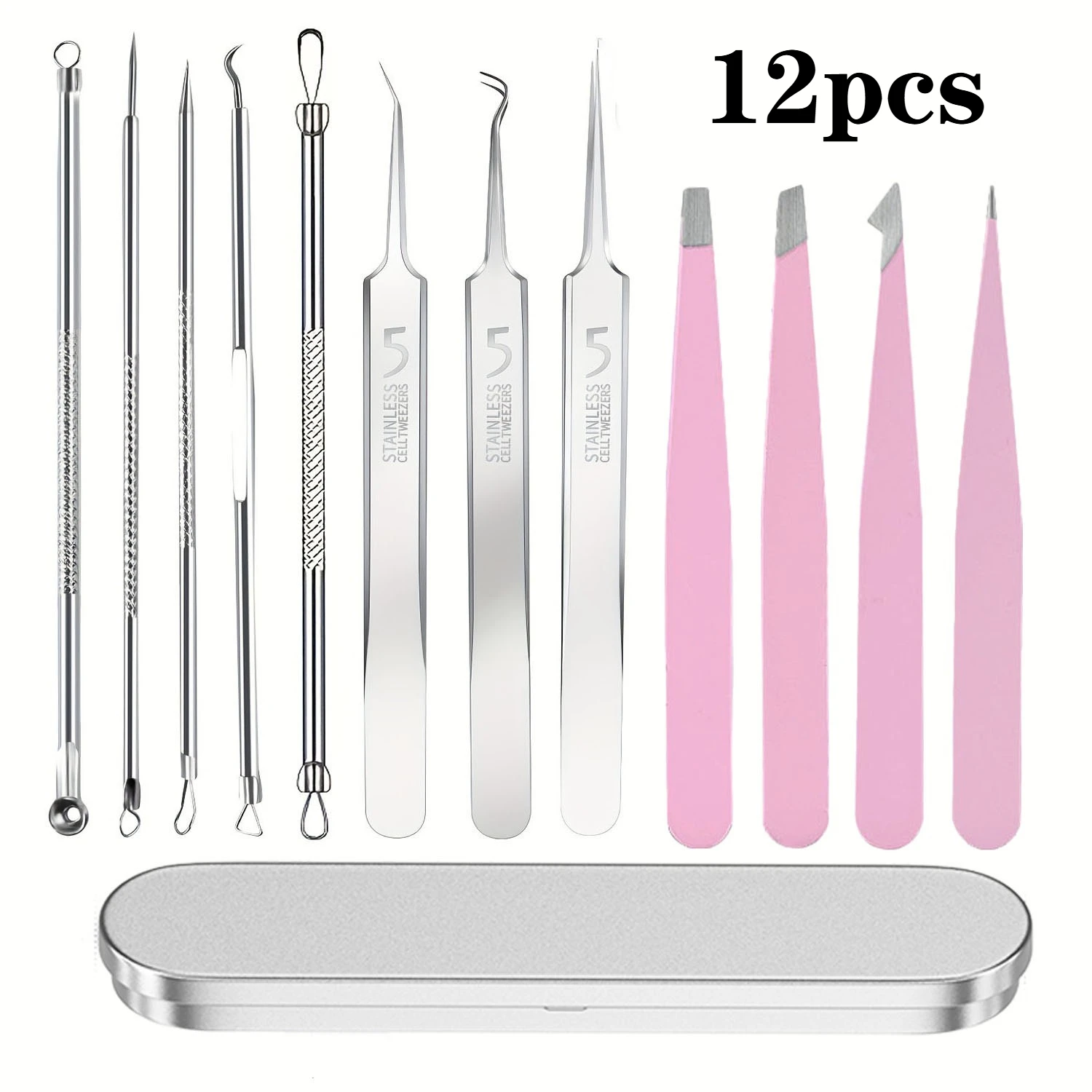 12個の黒ずみ除去ツール、ニキビ除去ツールキット、黒ずみを素早く簡単に除去、女性の顔の毛用の精密な眉毛ピンセット