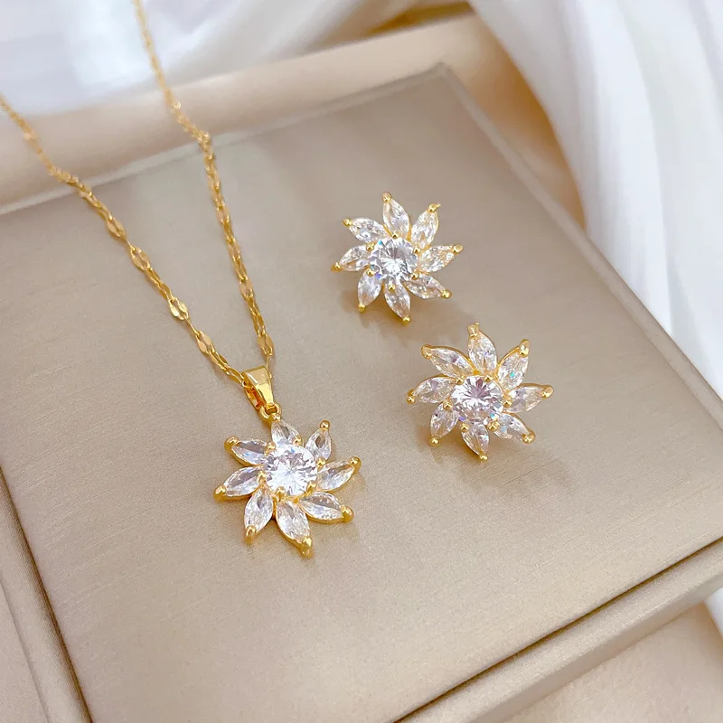 Flower Jewelry Set Daisy Clear Crystal Necklace Earrings Perfect Women’s Jewelry Stainless Steel Chain Chokers Christmas Gifts