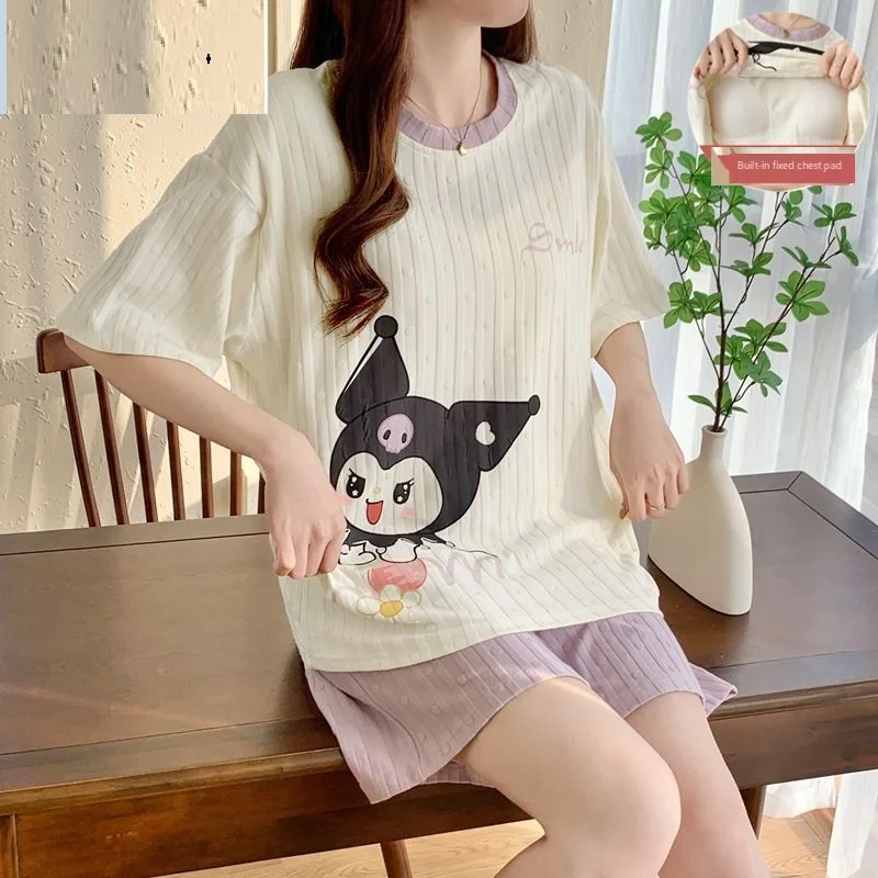 Sanrio Kuromi Two-Piece Pajama Women Shorts Short Sleeve Sleepwear Summer Pyjama Cartoon Cotton Pijama Student Nightie Home Suit