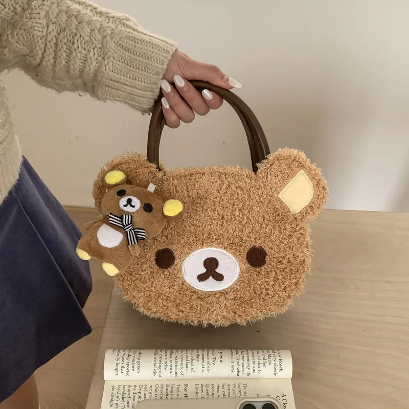 Bolsa Transversal de Pelúcia Kawaii Rilakkuma com Alça Superior Feminina, Novo Estilo 2025, Bolsa Quadrada Pequena Versátil Bordada com Pingente de Urso
